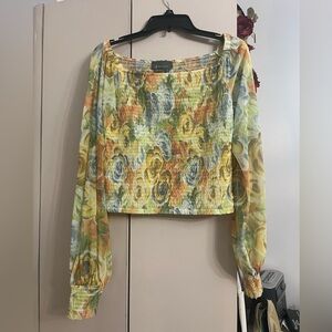 Anthropologie Floral Smocked Long-Sleeve Crop Top - Yellow, Green, Blue
